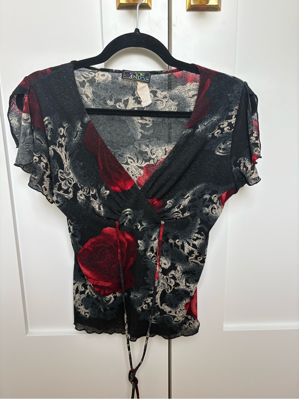 Vintage/Y2K Eye Candy Black Red Floral Wrap Top